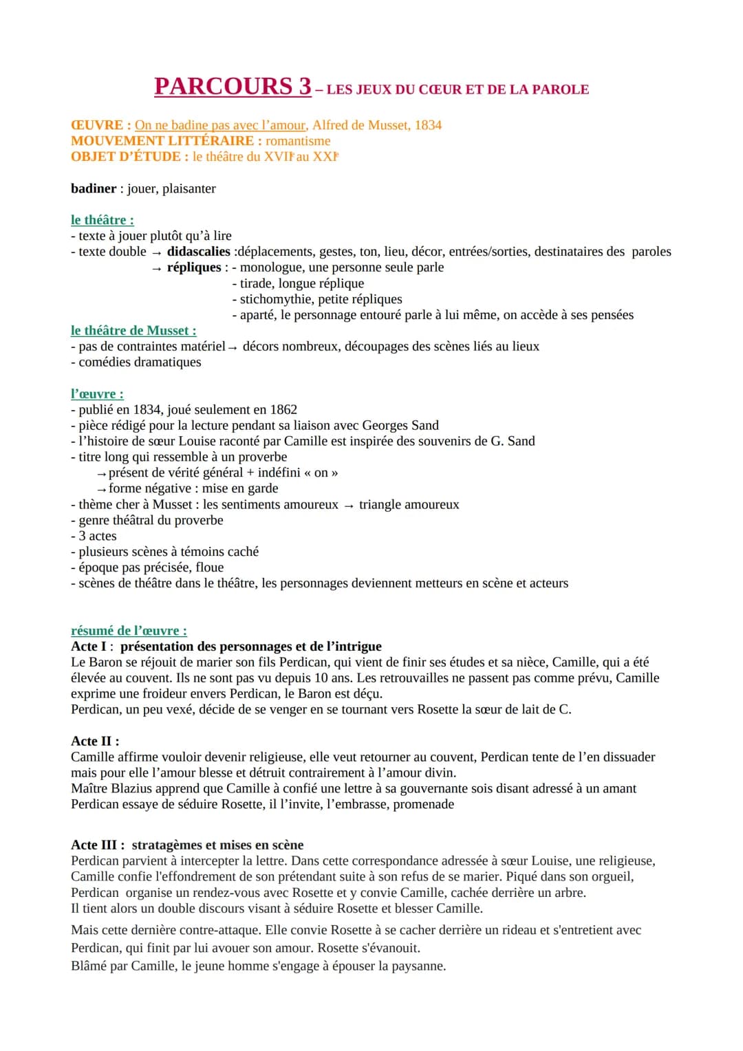 fiche révision sur On ne badine pas avec l'amour