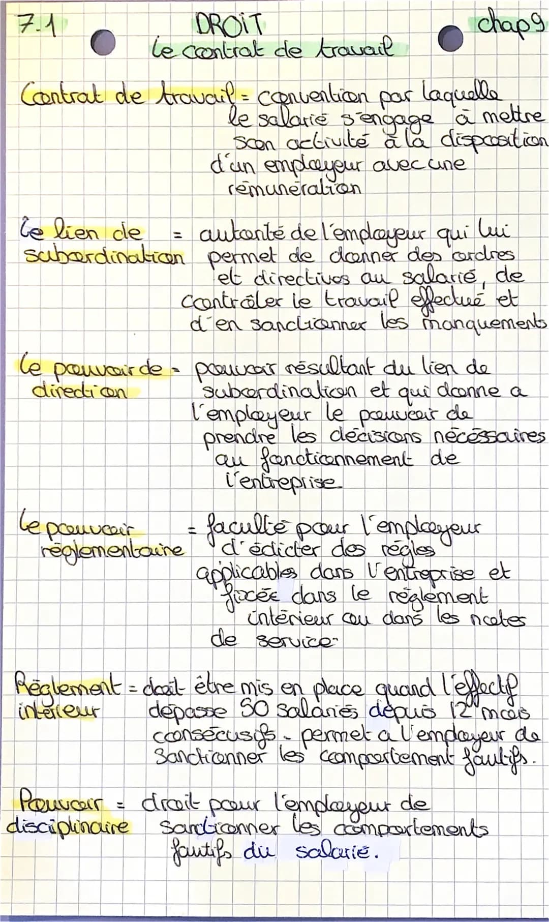 chap 9
O
Contrat de travail = convention par laquelle
7.1
DROIT
le contrat de travail
le lien de
subordination
autante de l'employeur qui
lu