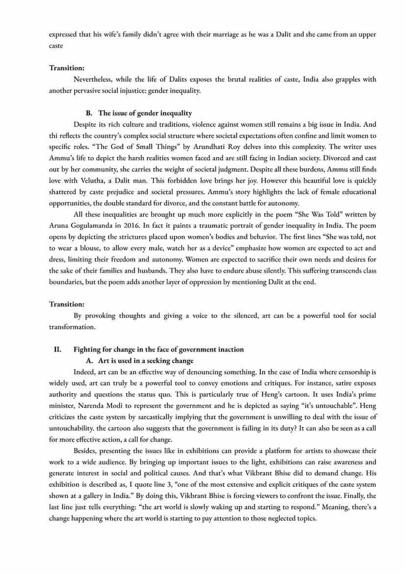 LLCE Oral
Art & debate: Art & Protest
How can art be used to challenge the social injustices in India?
Outline:
I.
II.
The description of a 