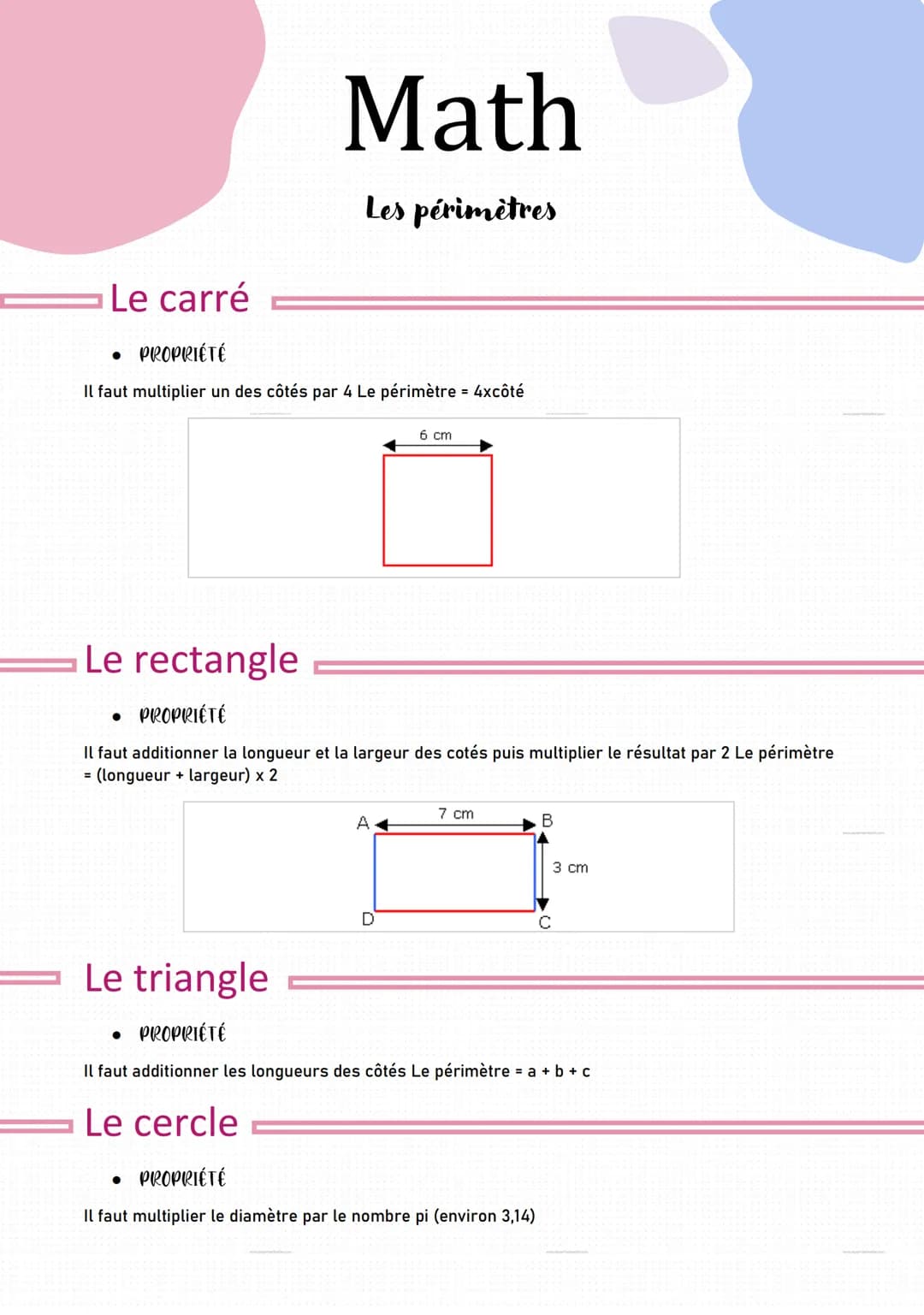 Le carré
L'aire du carré est CxC
Exemple: CxC = 8x8 = 64 cm²
●
Math
L=5cm
Le triangle
Les aires
C=8 cm
Le rectangle
L'aire du rectangle est 