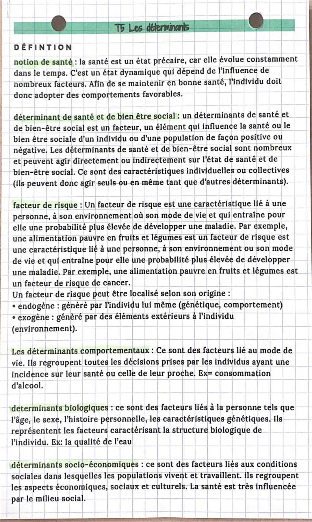 T5 Les déterminants
DEFINTION
notion de santé : la santé est un état précaire, car elle évolue constamment
dans le temps. C'est un état dyna