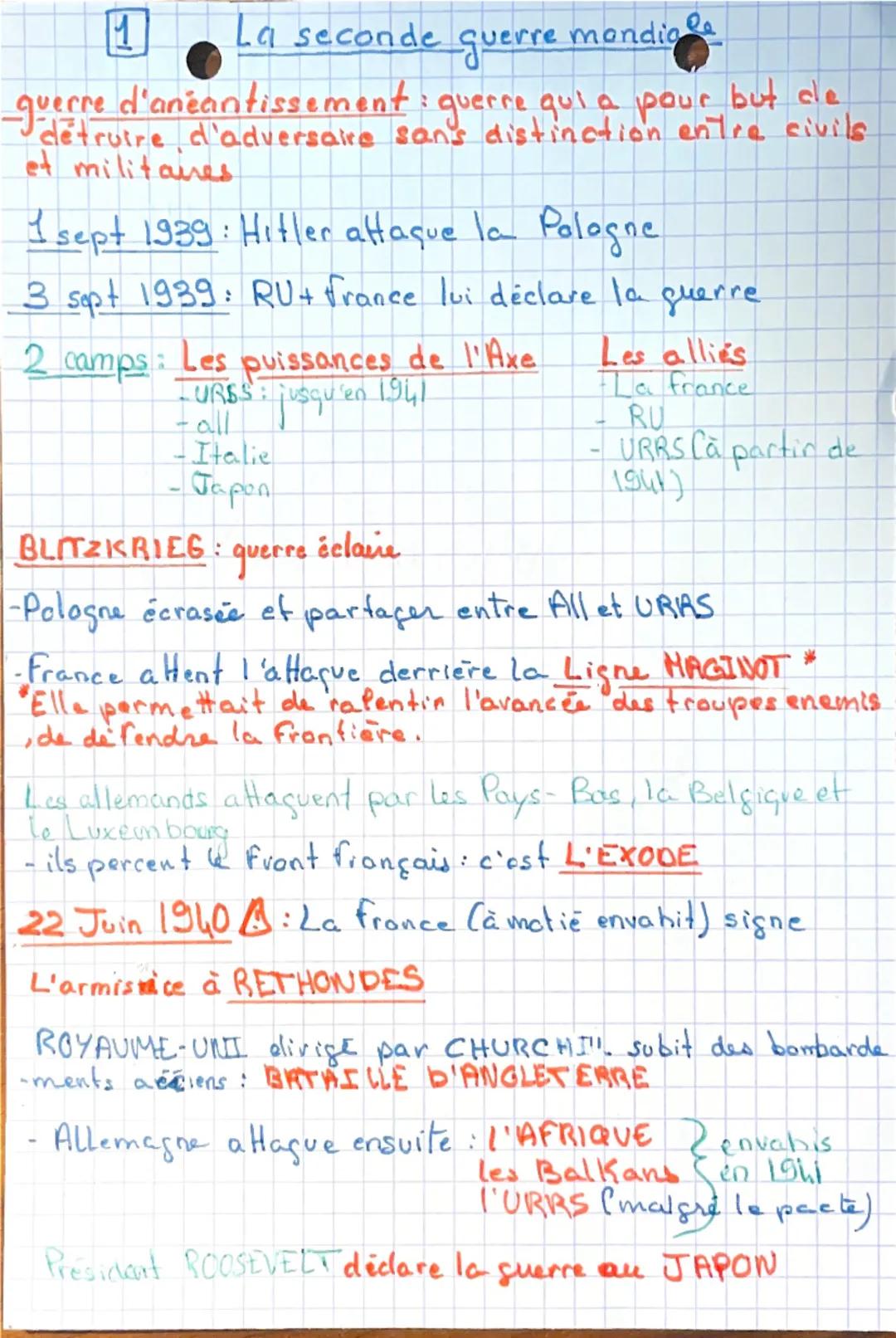 # 1 La seconde guerre mondiale

-guerre d'aneantissement: guerre qui a pour but de
détruire d'adversaire sans distinction entre civils
et mi