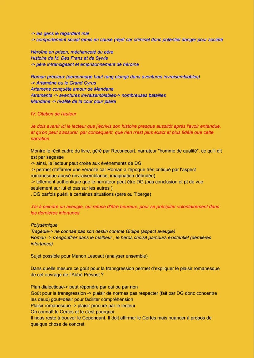 Dissertation Manon Lescaut
Personnage en marge et plaisir romanesque
Certes, Manon Lescaut présente une histoire avec des personnages en mar
