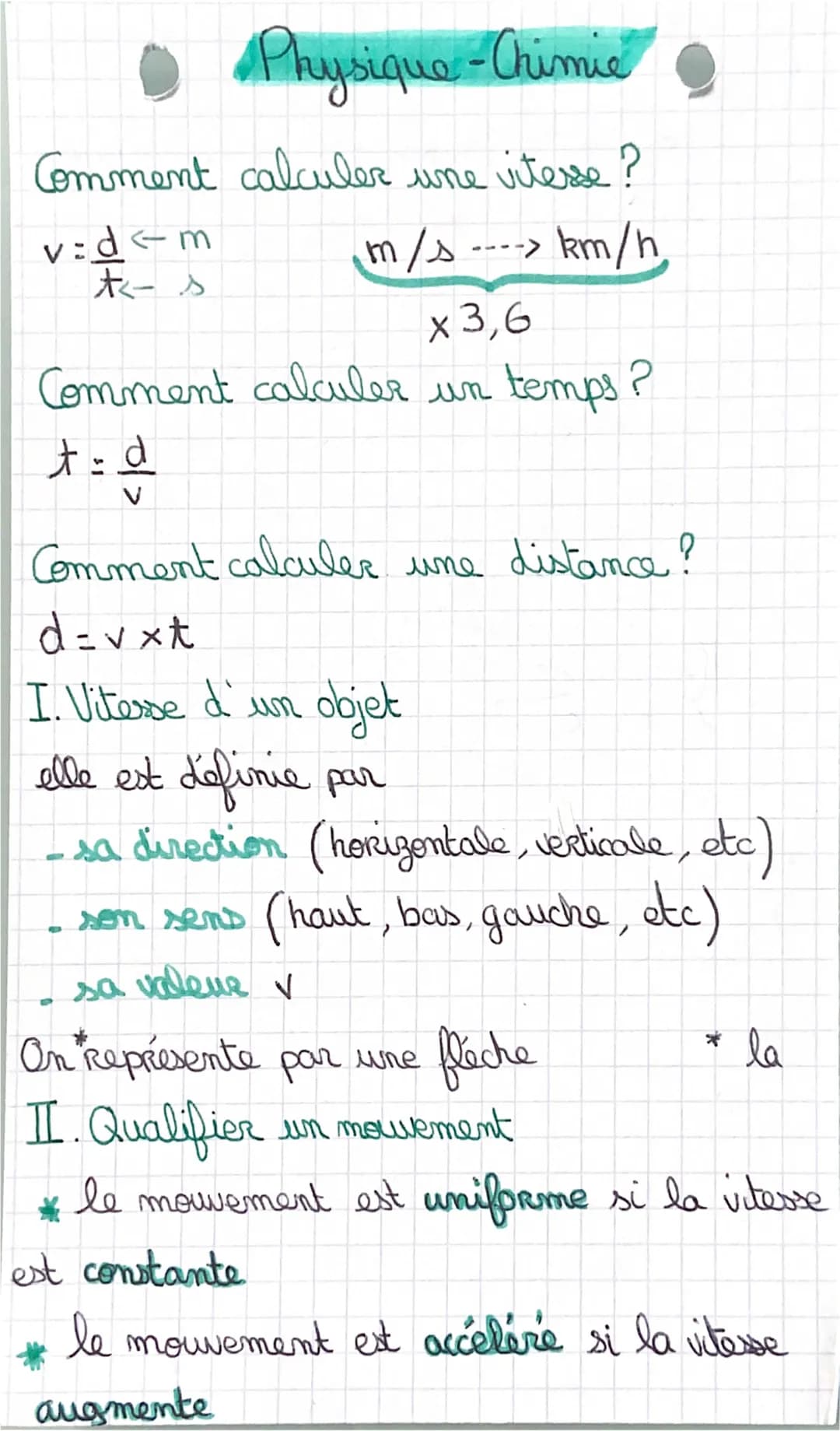 Physique - Chimie
Comment calculer une vitesse?
v=d<m
t-s
m/s
x 3,6
Comment calculer un temps?
t=d
S
--> km/h
Comment calculer une distance 