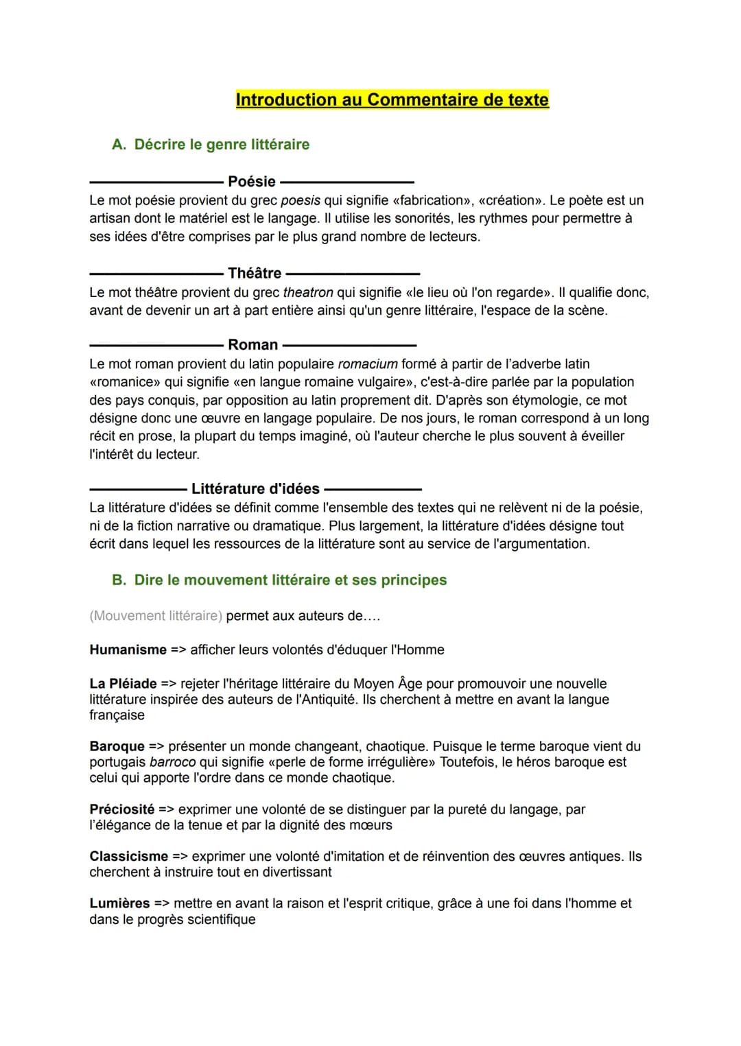 Introduction au Commentaire de texte
A. Décrire le genre littéraire
Poésie
Le mot poésie provient du grec poesis qui signifie «<fabrication»