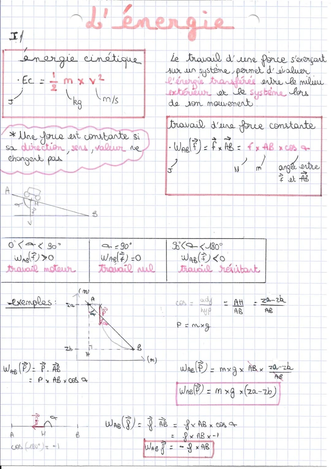 J
A
energie cinétique
· Ec = = mx v²
2
kg
* Une force est constante si
sa direction sens, valeur ne
changent pas
0×30°
Whe(7)>0
travail mote