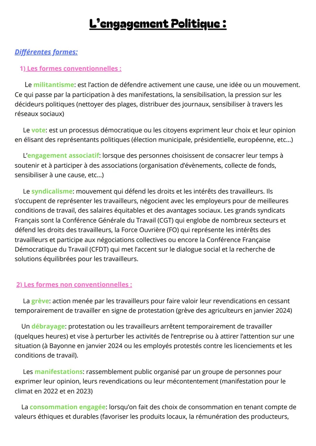 L'engagement Politique :
Différentes formes:
1) Les formes conventionnelles :
Le militantisme: est l'action de défendre activement une cause