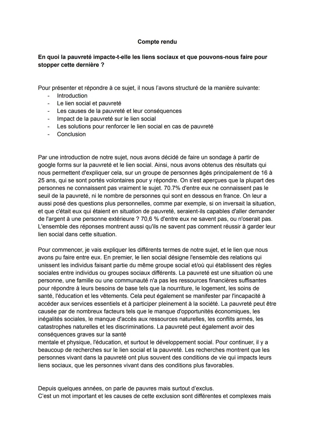 Compte rendu
En quoi la pauvreté impacte-t-elle les liens sociaux et que pouvons-nous faire pour
stopper cette dernière ?
Pour présenter et 