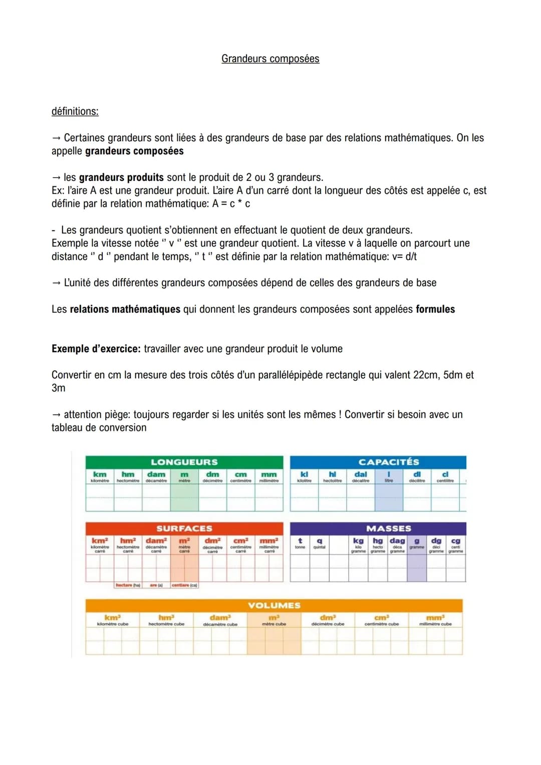 définitions:
→ Certaines grandeurs sont liées à des grandeurs de base par des relations mathématiques. On les
appelle grandeurs composées
→ 