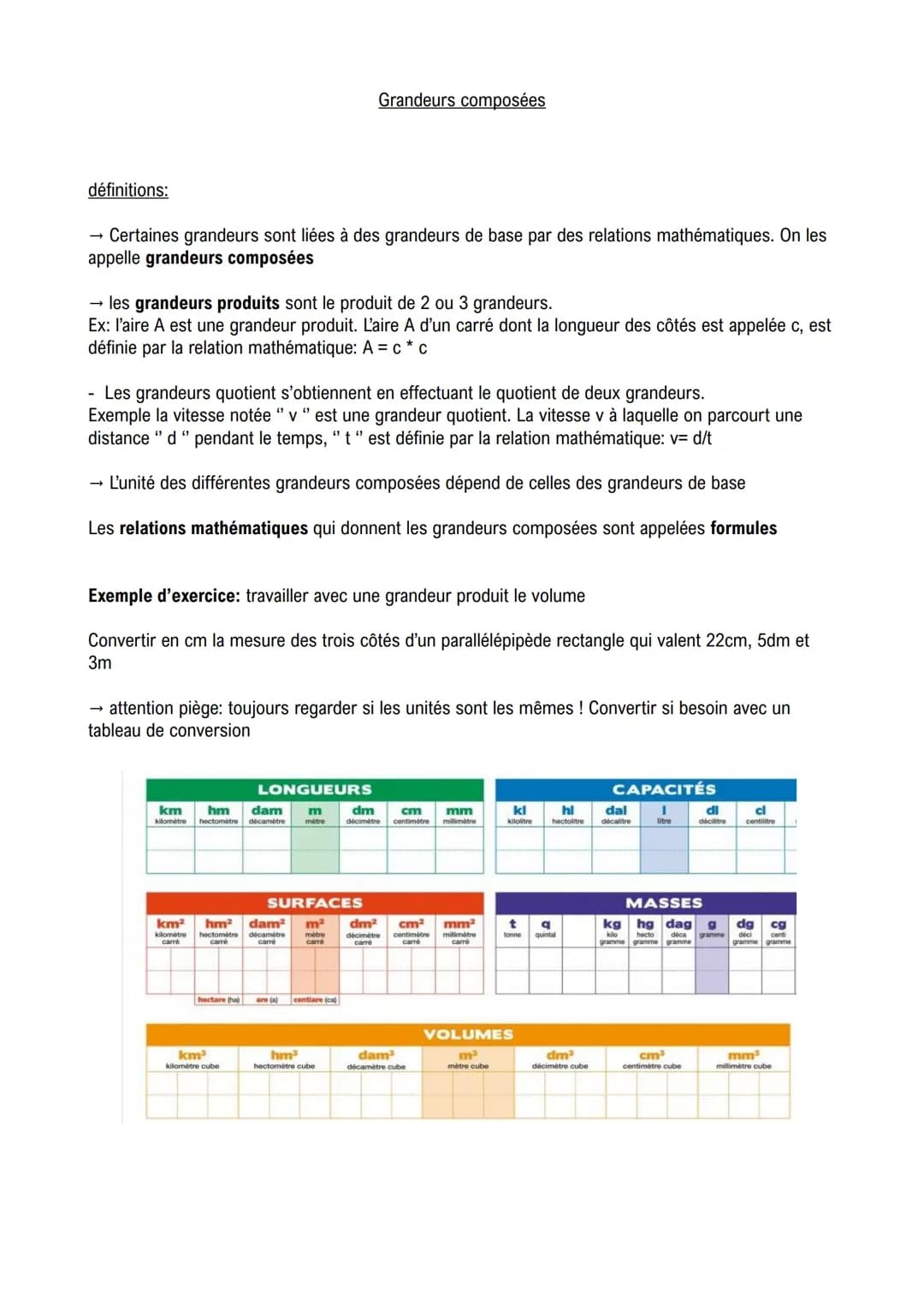 définitions:
→ Certaines grandeurs sont liées à des grandeurs de base par des relations mathématiques. On les
appelle grandeurs composées
→ 