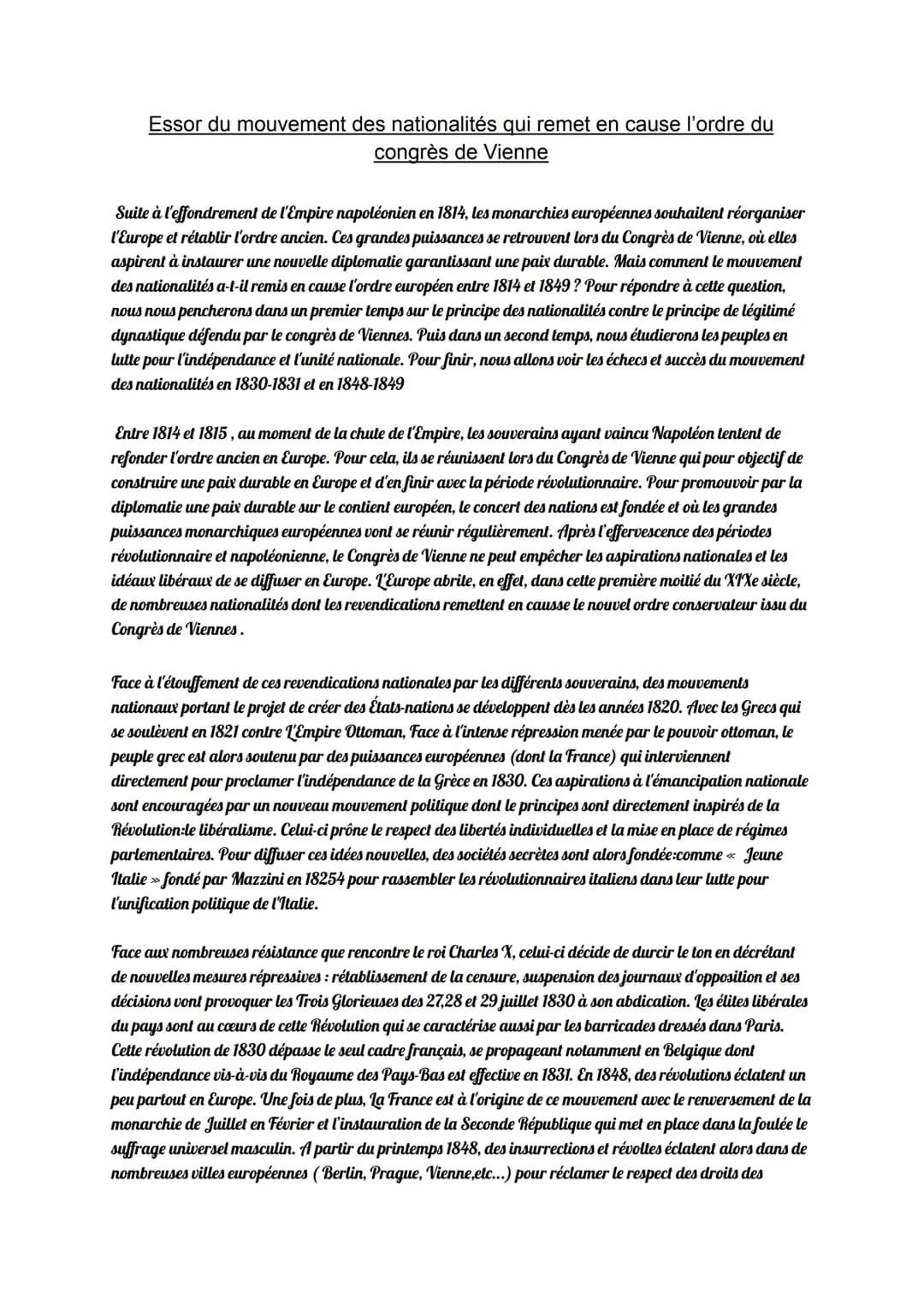 Essor du mouvement des nationalités qui remet en cause l'ordre du
congrès de Vienne
Suite à l'effondrement de l'Empire napoléonien en 1814, 