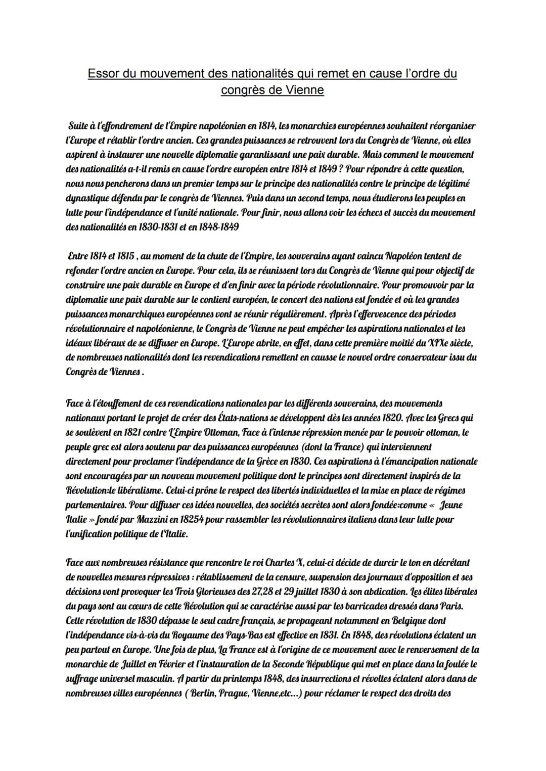 Essor du mouvement des nationalités qui remet en cause l'ordre du
congrès de Vienne
Suite à l'effondrement de l'Empire napoléonien en 1814, 