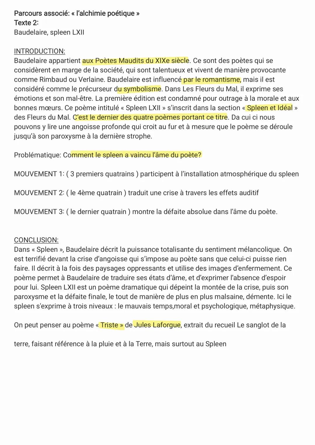 Parcours associé: « l'alchimie poétique >>>

Texte 2:

Baudelaire, spleen LXII

INTRODUCTION:

Baudelaire appartient aux Poètes Maudits du X