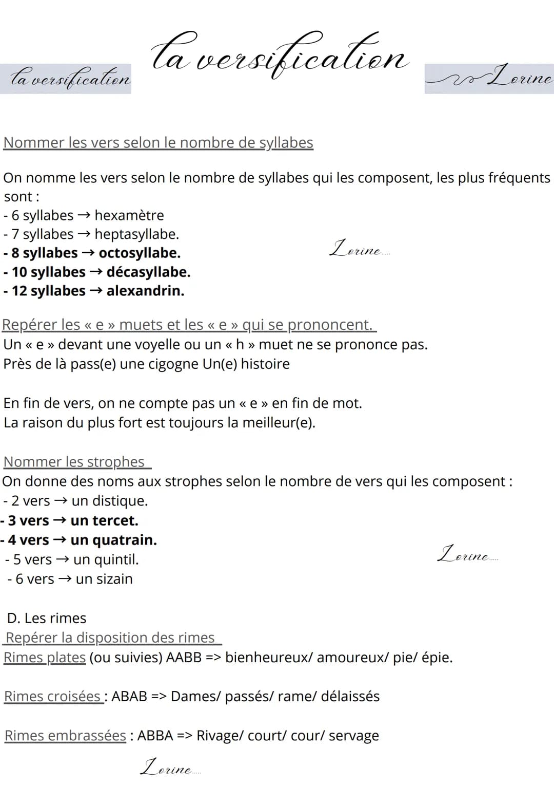 la versification
la versification
Nommer les vers selon le nombre de syllabes
On nomme les vers selon le nombre de syllabes qui les composen