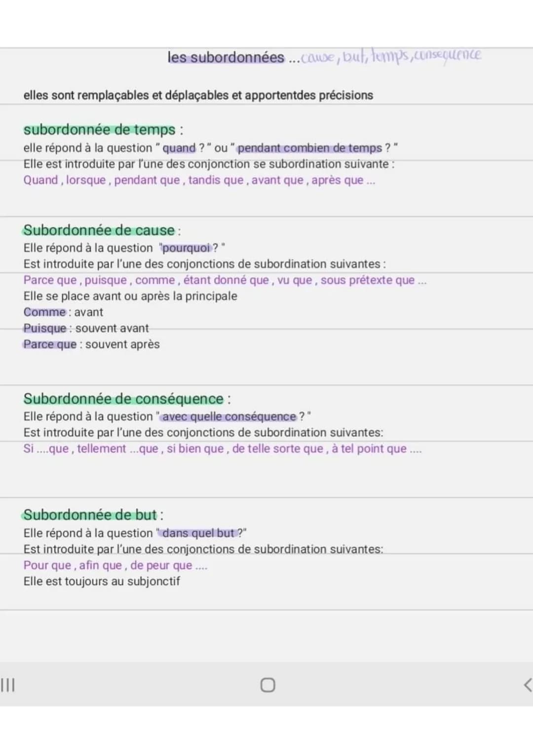 |||
les subordonnées... cause, but, temps, consequence.
elles sont remplaçables et déplaçables et apportentdes précisions
subordonnée de tem