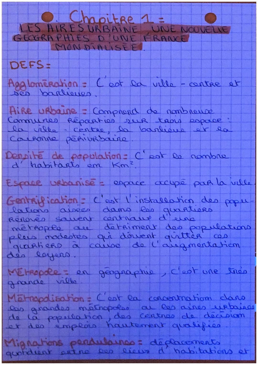 O. Chapitre 1 =
LES AIRES URBAINE
GEOGRAPHIES D'UNE FRANCE
MONDIALISEE.
UNE NOUVELLE
DEFS=
Agglomeration : C'est la ville - centre et
ses ba