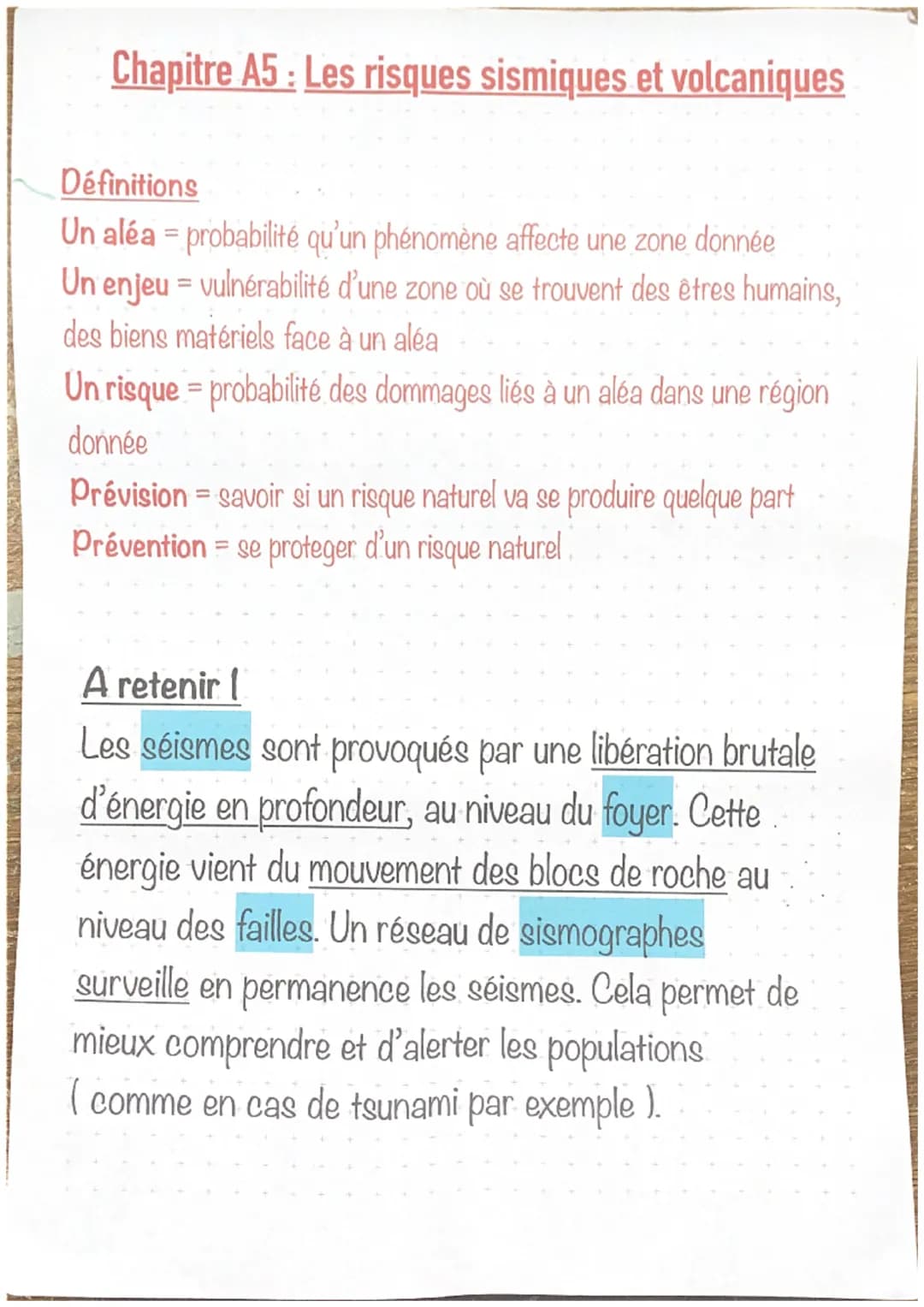 Chapitre A5: Les risques sismiques et volcaniques
Définitions
Un aléa - probabilité qu'un phénomène affecte une zone donnée
Un enjeu = vulné