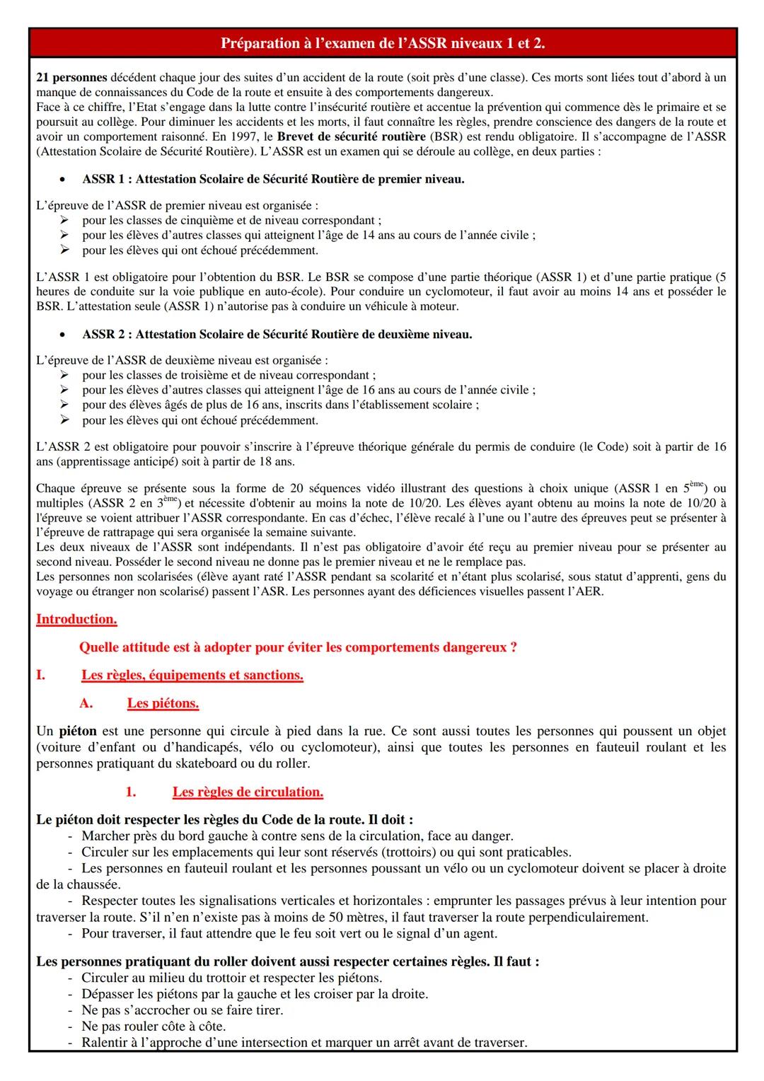 # Préparation à l'examen de l'ASSR niveaux 1 et 2.

21 personnes décédent chaque jour des suites d'un accident de la route (soit près d'une 