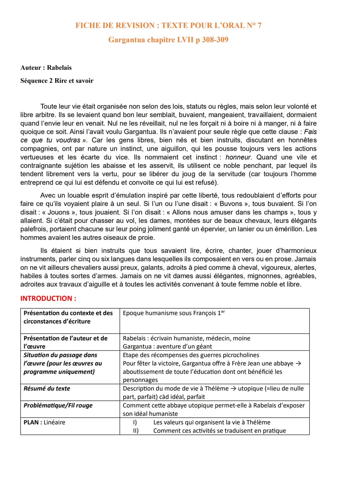 FICHE DE REVISION: TEXTE POUR L'ORAL N° 7
Gargantua chapitre LVII p 308-309
Auteur: Rabelais
Séquence 2 Rire et savoir
Toute leur vie était 