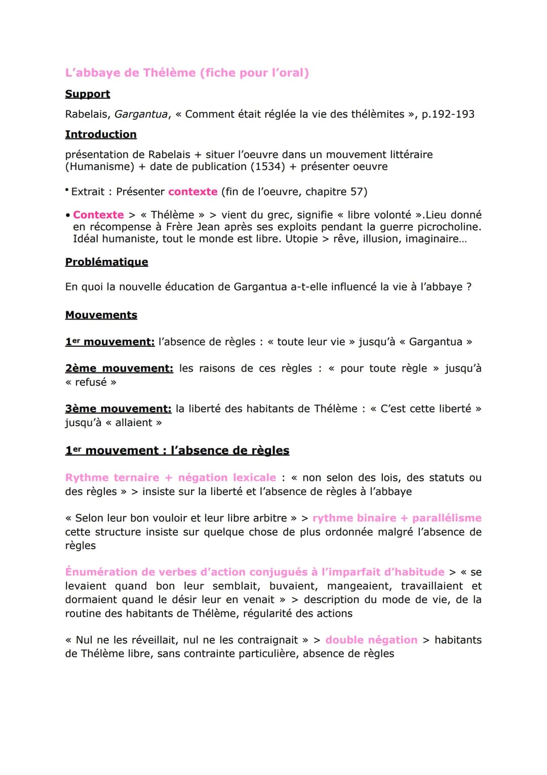 L'abbaye de Thélème (fiche pour l'oral)
Support
Rabelais, Gargantua, « Comment était réglée la vie des thélèmites », p.192-193
Introduction
