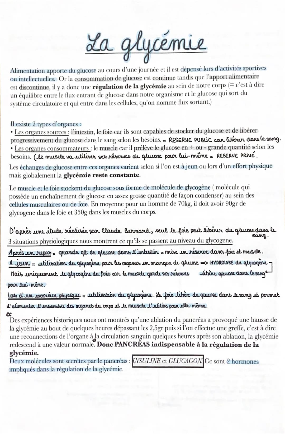 La glycémie
Alimentation apporte du glucose au cours d'une journée et il est dépensé lors d'activités sportives
ou intellectuelles. Or la co