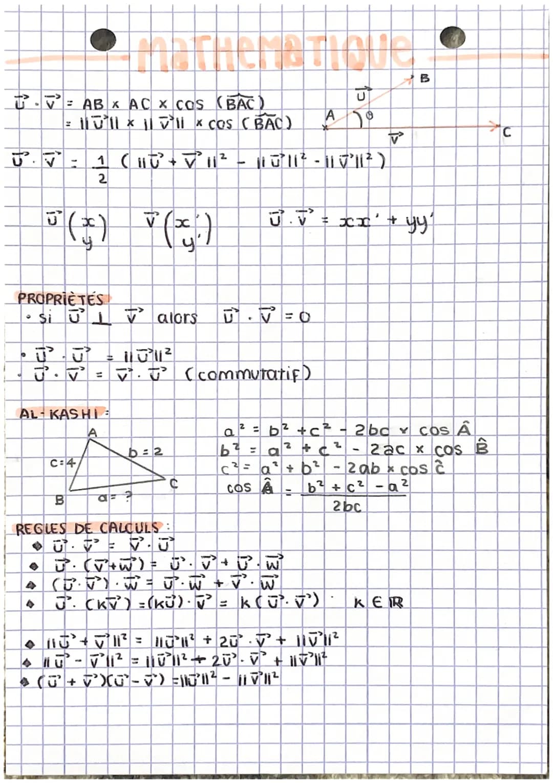 J.
。
=
PROPRIÈTES
• Siūl
ABX AC x COS (BAC)
³(+) (3)
C=4
B
morheretione
AL-KASHI
V
1 ( 110² + V² 11² Hull - (²)
2
11 Vlix cos (BAC)
alors
PU