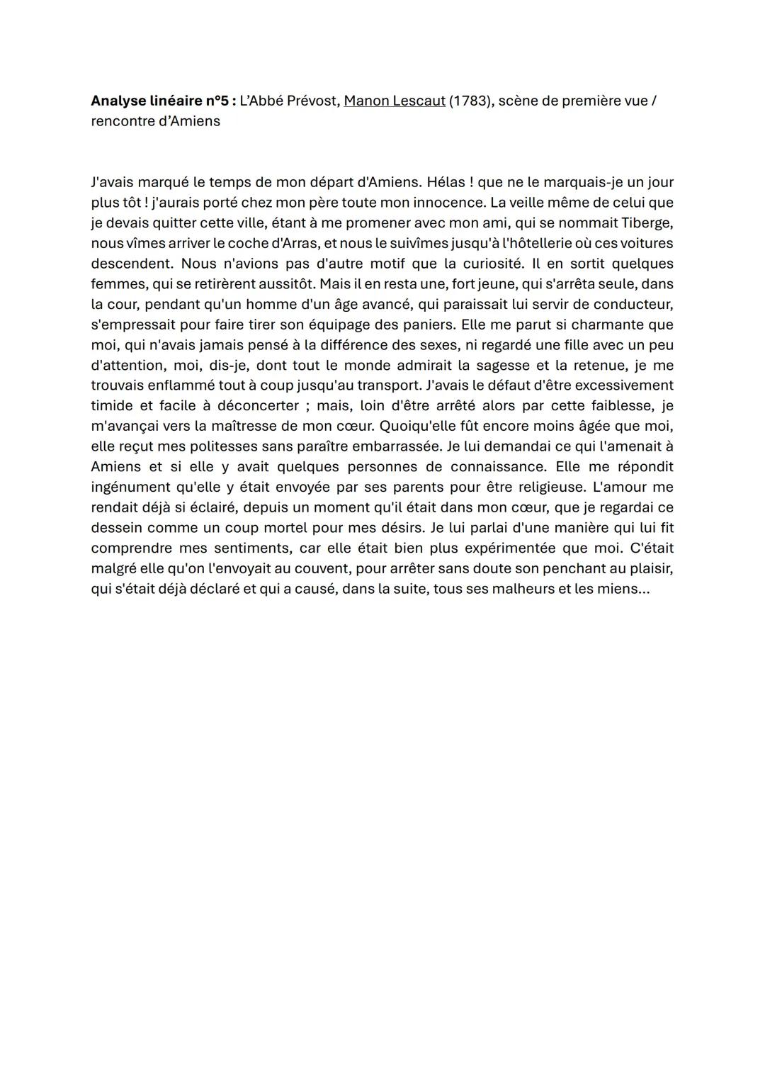# Analyse linéaire n°5 : L'Abbé Prévost, Manon Lescaut (1783), scène de première vue / rencontre d'Amiens

J'avais marqué le temps de mon dé