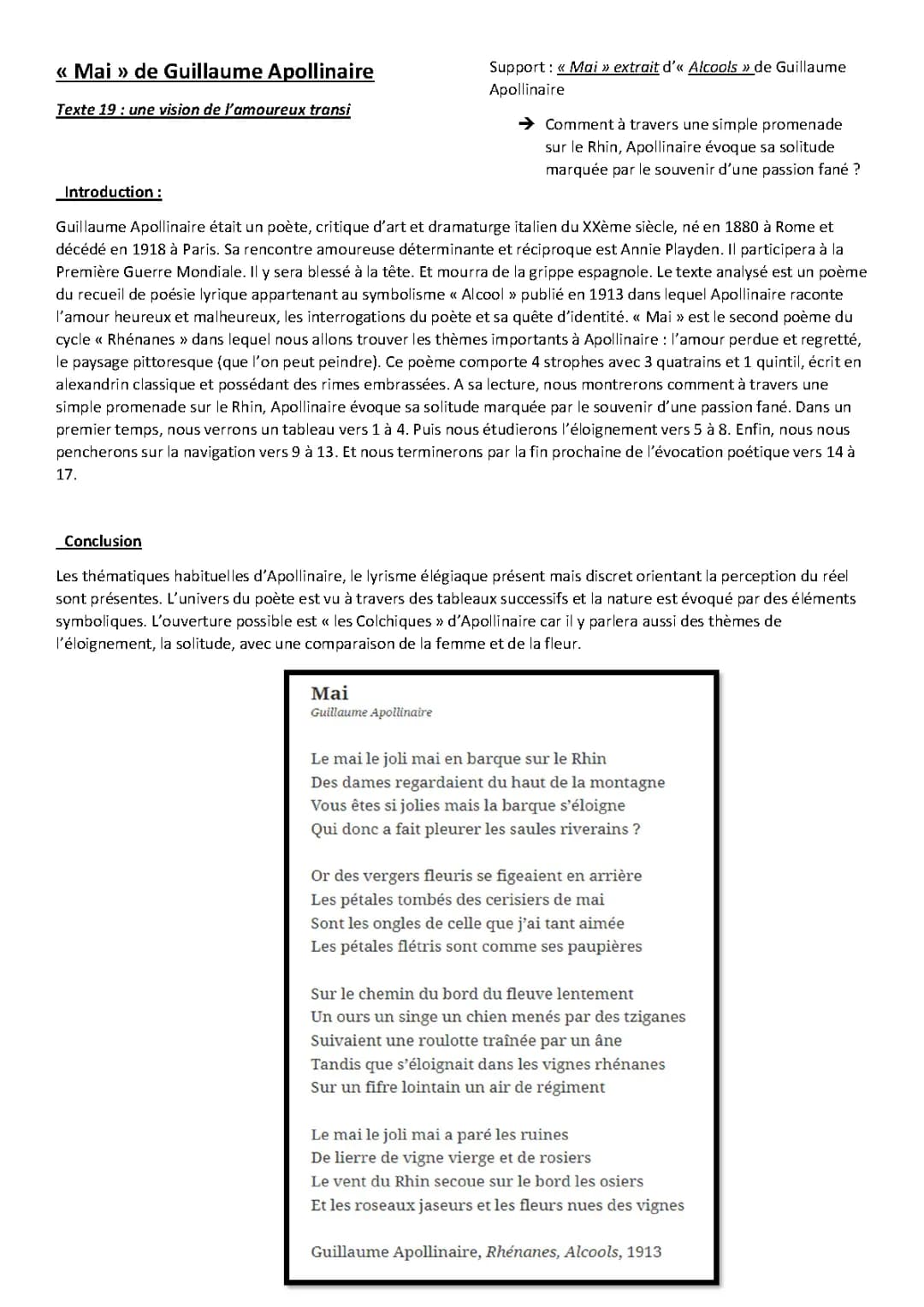 Fiche de révision "Mai" de Guillaume Apollinaire