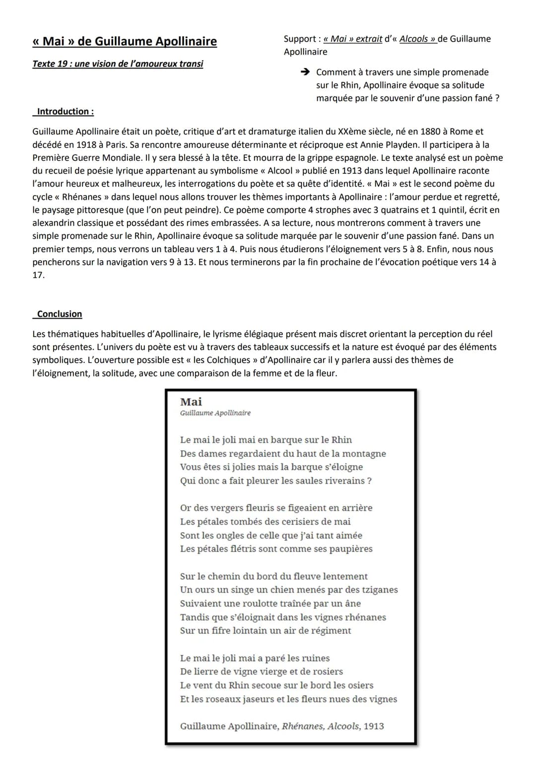 << Mai » de Guillaume Apollinaire
Texte 19: une vision de l'amoureux transi
17.
Introduction :
Guillaume Apollinaire était un poète, critiqu