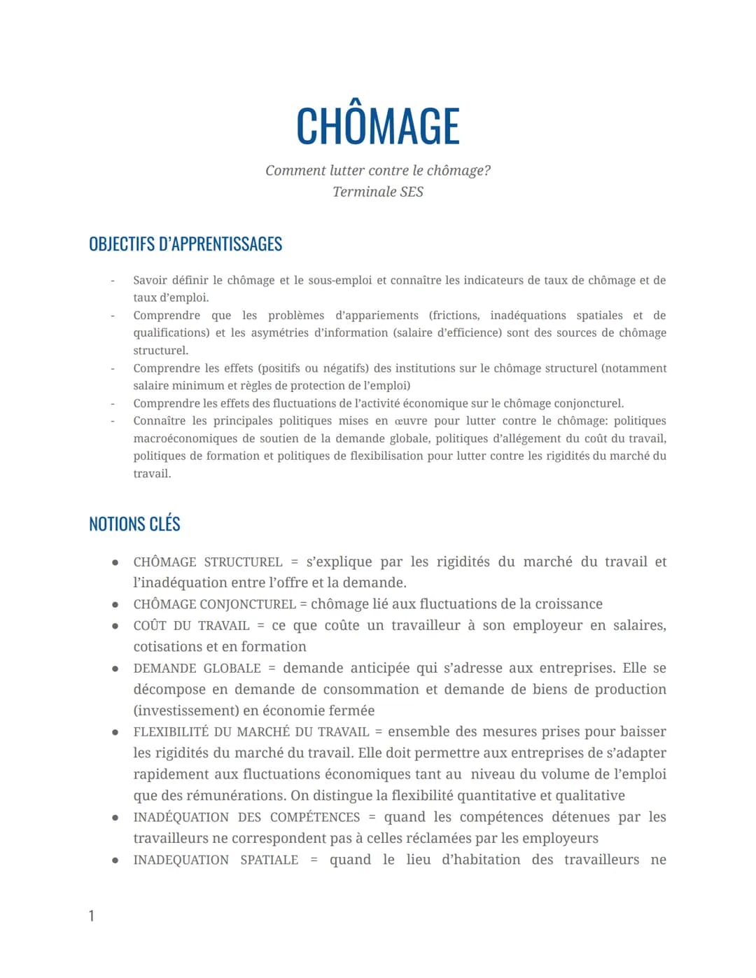 OBJECTIFS D'APPRENTISSAGES
Savoir définir le chômage et le sous-emploi et connaître les indicateurs de taux de chômage et de
taux d'emploi.
