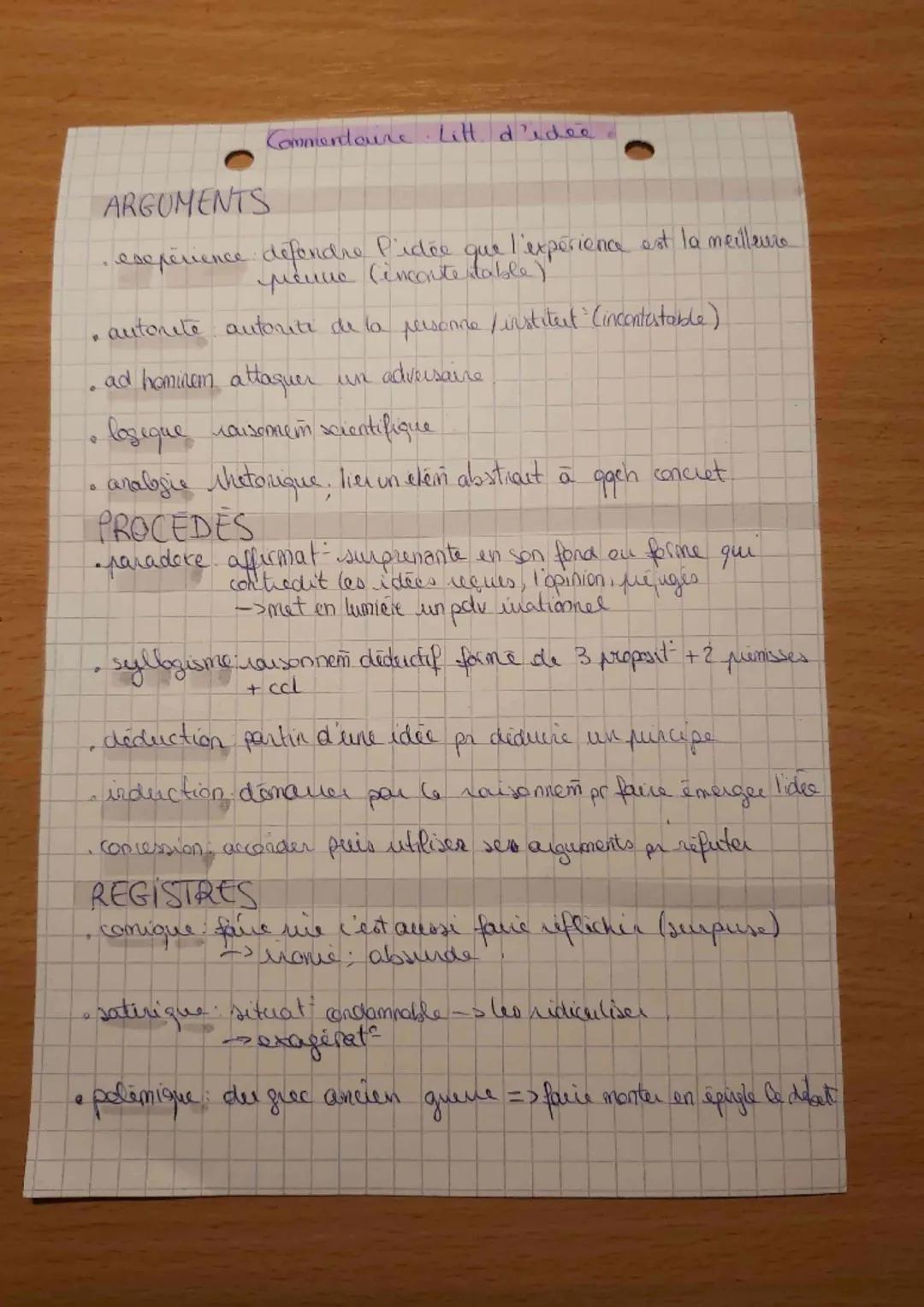 Commentaire Litt. d'idee
# ARGUMENTS
•esepérience défendre l'idée que l'expérience est la meilleure
penne (incontestable)"
• autorite autori