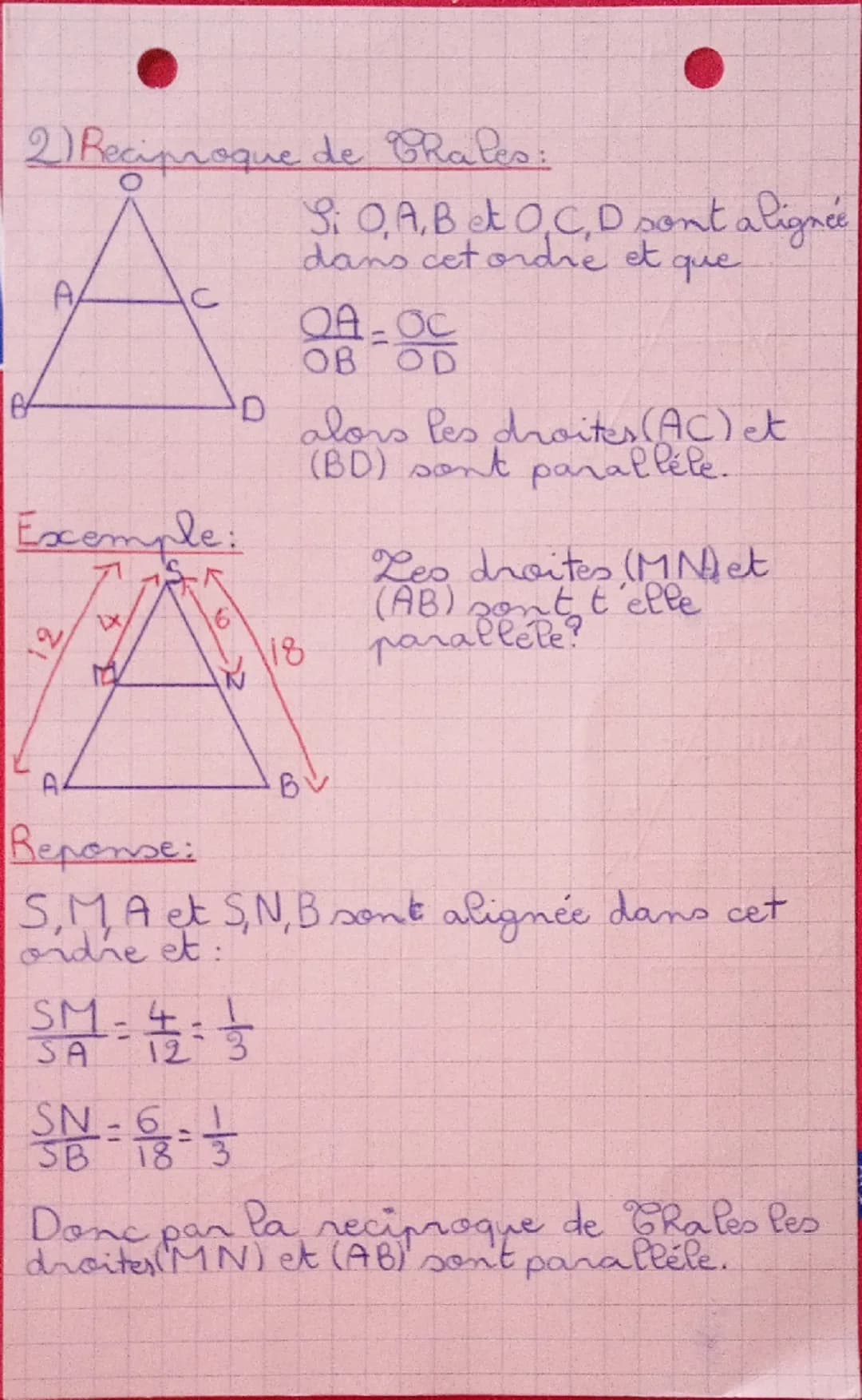 4 ome
1) GRéoreme:
Mat Rematique
Cheoreme de Chales:
Soient O,A,C et O,B,D des
points alignés dans
cet ordre
Si les droite (AB) et (CD)
para