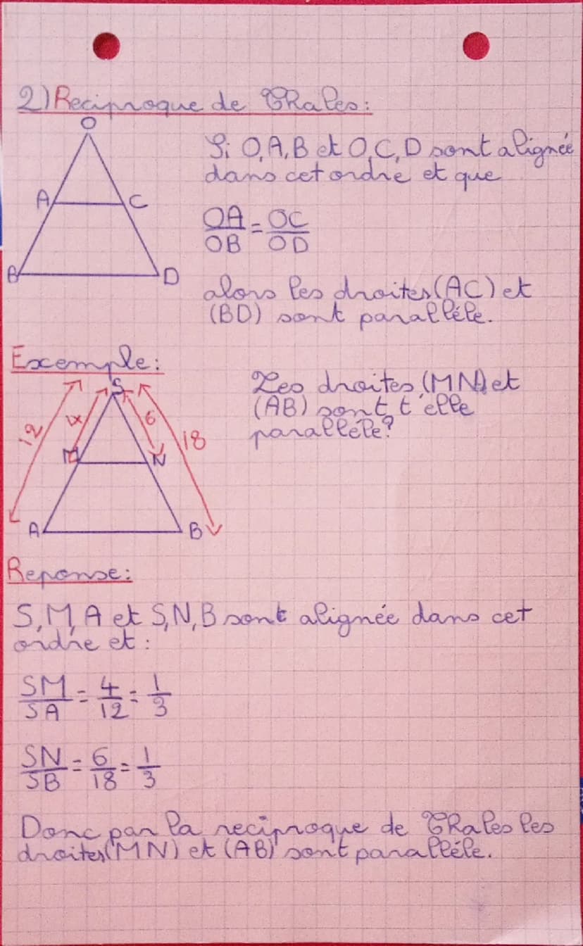 4 ome
1) GRéoreme:
Mat Rematique
Cheoreme de Chales:
Soient O,A,C et O,B,D des
points alignés dans
cet ordre
Si les droite (AB) et (CD)
para