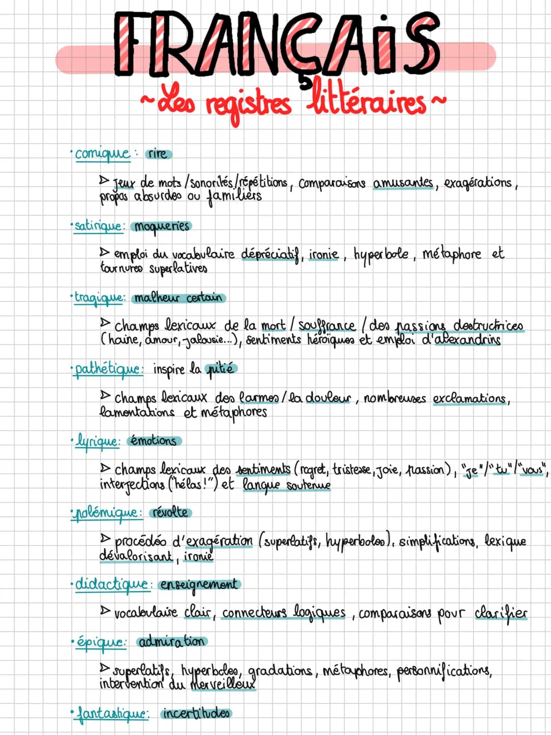 FRANÇAIS
~ Les registres littéraires
comique rire
> Jeux de mots /sonorités/répétitions, comparaisons amusantes, exagérations,
propas absurd