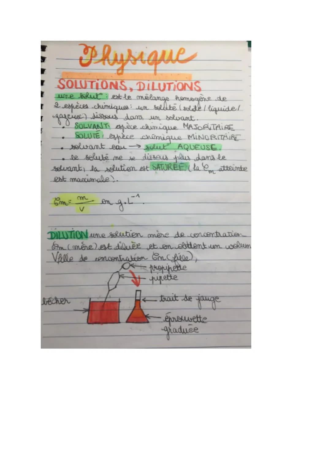 Physique
SOLUTIONS, DILUTIONS
une solut est le mélange homogene de
2 espèces chimiques : un solute (solde / liquide!
gazeiro) dissous dans u