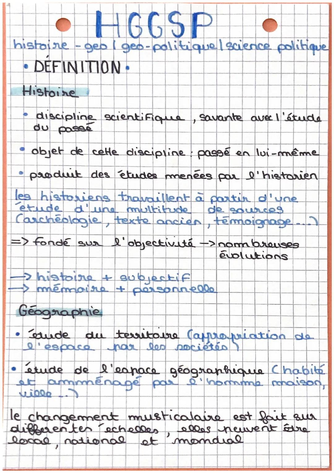 • HGGSP
histoire-geo I geo-politiquel science politique
DEFINITION
●
Histoire
discipline scientifique savante avec l'étude
du passé
objet de