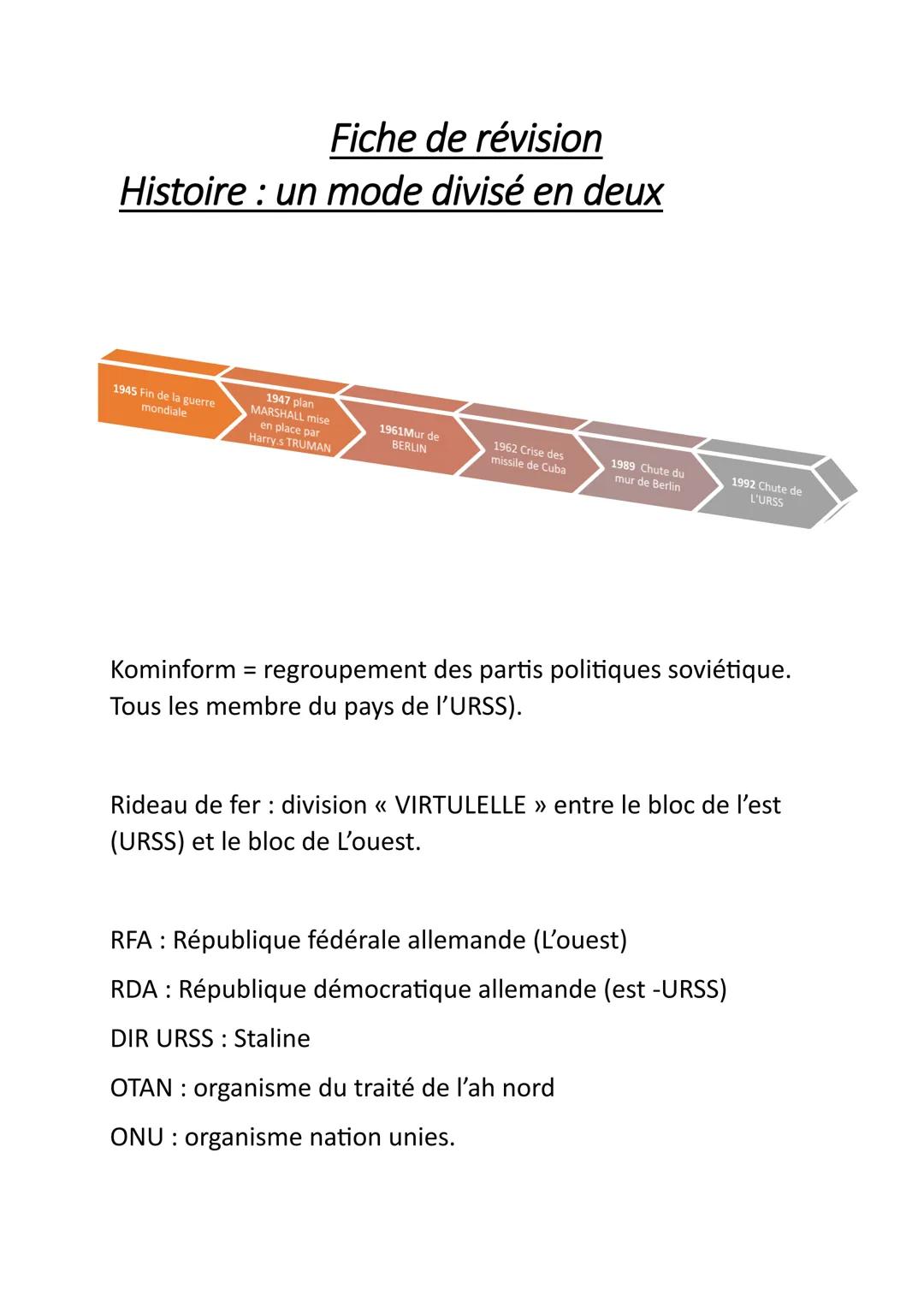 # Fiche de révision
# Histoire : un mode divisé en deux

1945 Fin de la guerre
mondiale

1947 plan
MARSHALL mise
en place par
Harry.s TRUMAN