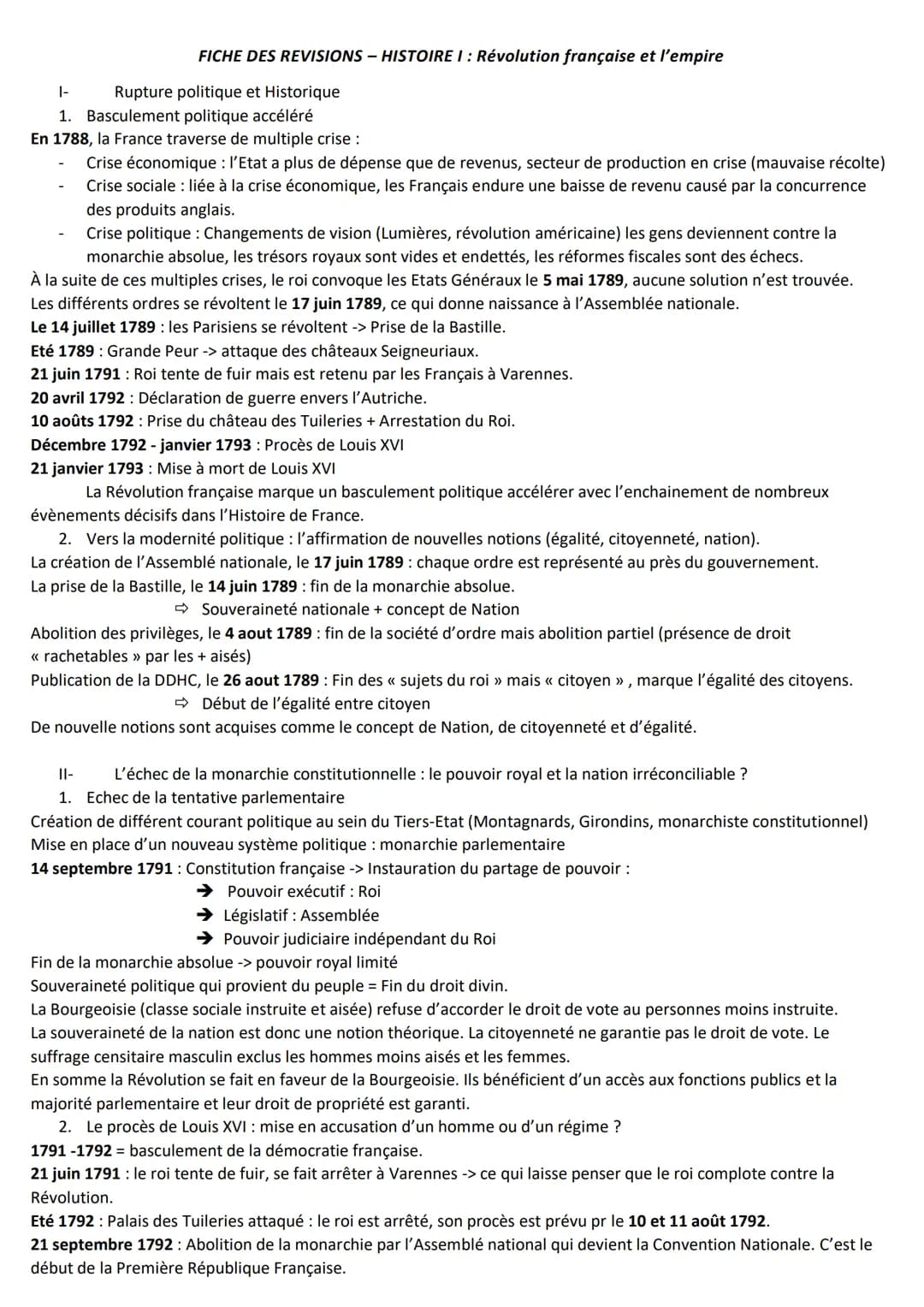 FICHE DES REVISIONS - HISTOIRE I: Révolution française et l'empire
1-
1. Basculement politique accéléré
En 1788, la France traverse de multi