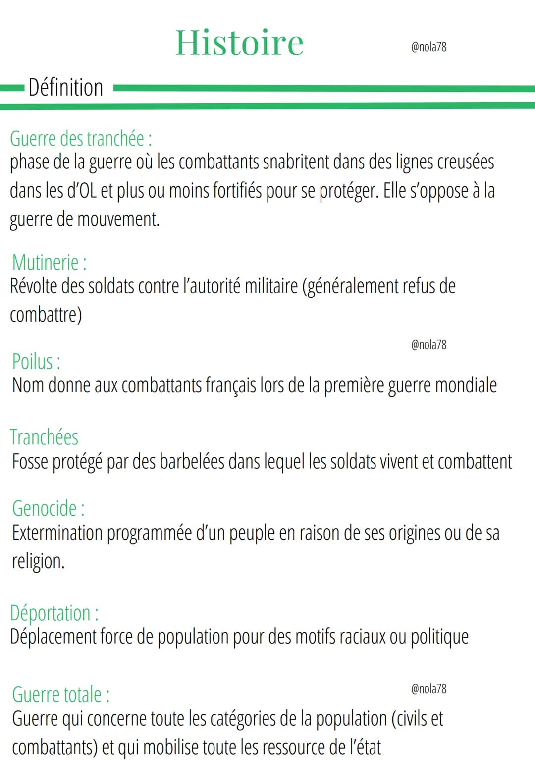 Définition
Histoire
@nola78
Guerre des tranchée:
phase de la guerre où les combattants snabritent dans des lignes creusées
dans les d'OL et 