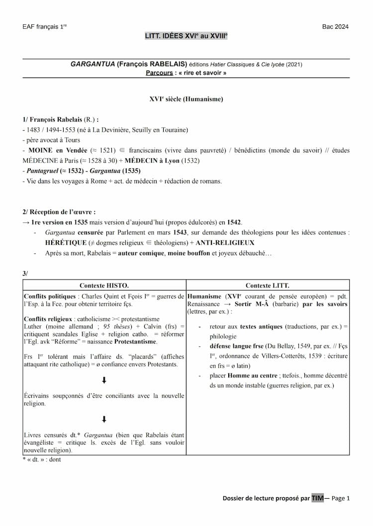 Know Dossier de lecture sur GARGANTUA (Rabelais)  thumbnail