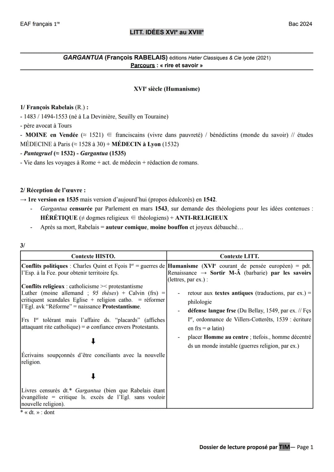 EAF français 1re
LITT. IDÉES XVIe au XVIII°
GARGANTUA (François RABELAIS) éditions Hatier Classiques & Cie lycée (2021)
Parcours : « rire et