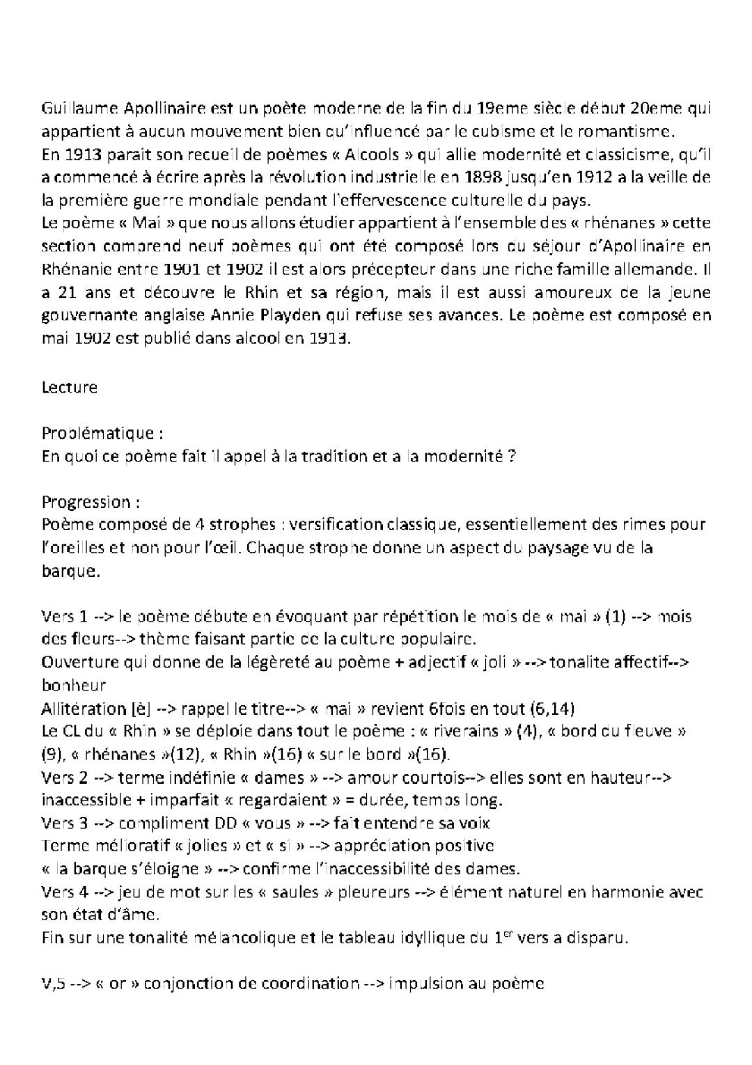 Analyse linéaire Mai de Guillaume Apollinaire : Fiche de révision