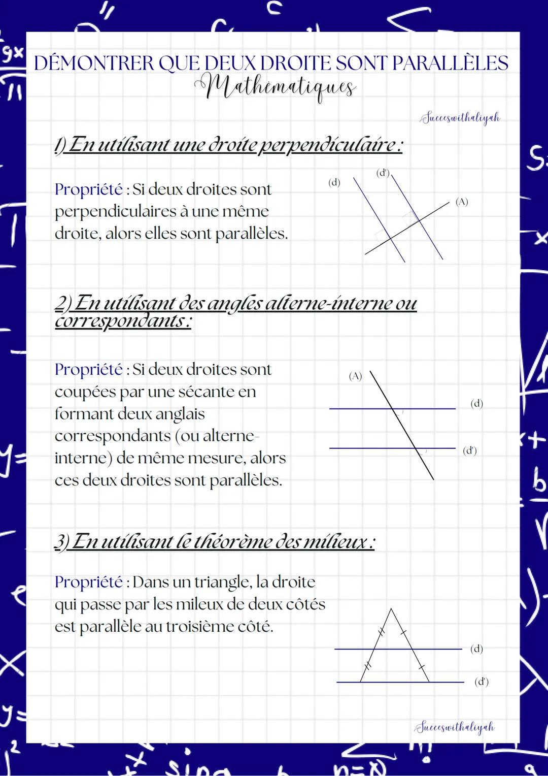 9x DÉMONTRER QUE DEUX DROITE SONT PARALLÈLES
gx
W
Mathematiques
y =
2
с
1) En utilisant une droite perpendiculaire :
Propriété : Si deux dro