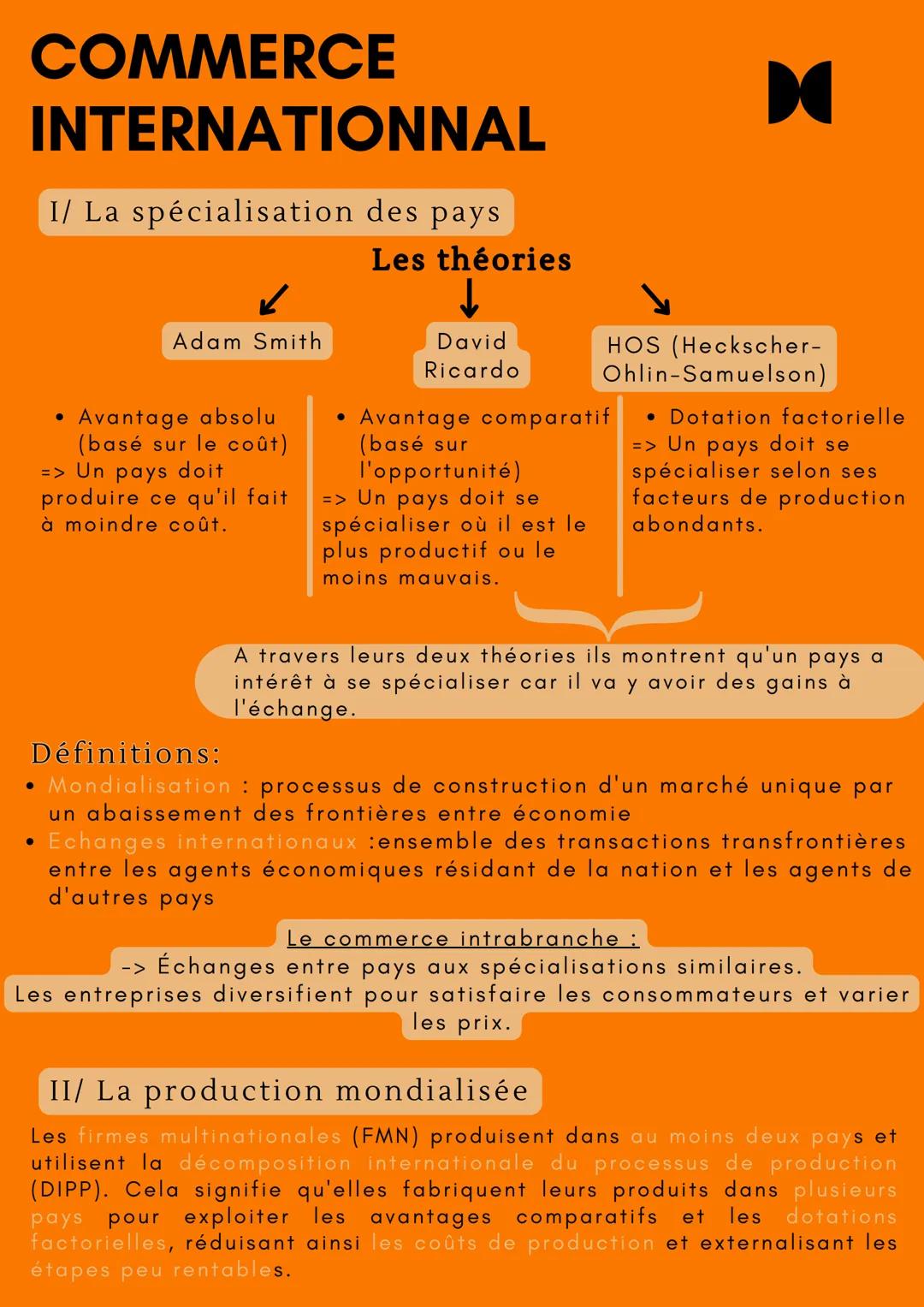 COMMERCE
INTERNATIONNAL
I/ La spécialisation des pays
Les théories
K
•
Adam Smith
Avantage absolu
(basé sur le coût)
=> Un pays doit
produir