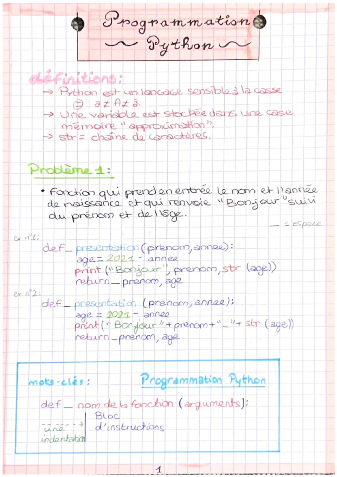 définitions:
→Python est un langage sensible a la casse
Ⓒat A‡à.
→ Une variable est stockée dans une case
mémoire "approximation".
→> str = 
