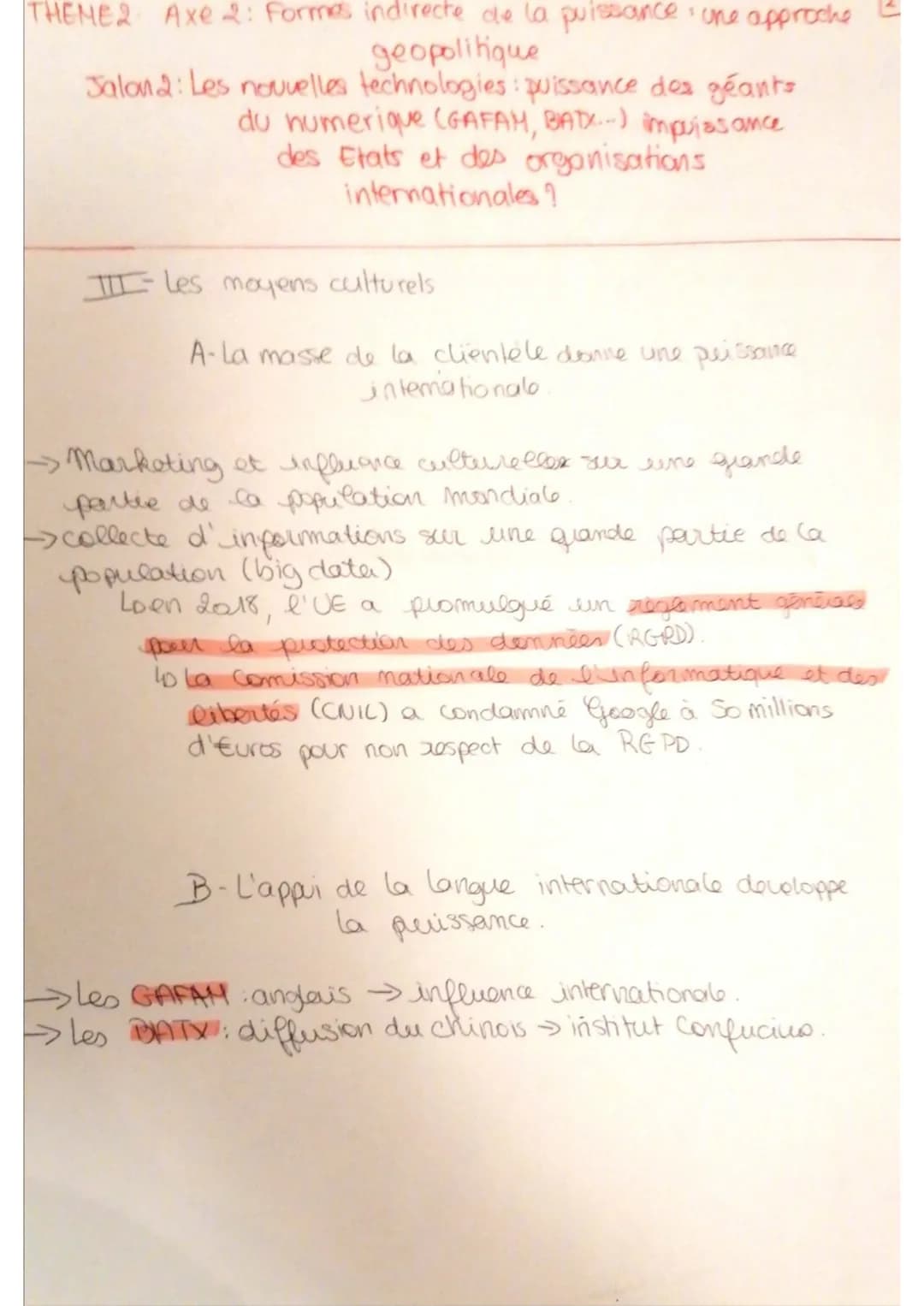 Axe 2: Formes indirecte de la puissance : une approche
geopolitique
Jalon 2: Les nouvelles technologies: puissance des géants
du numérique (