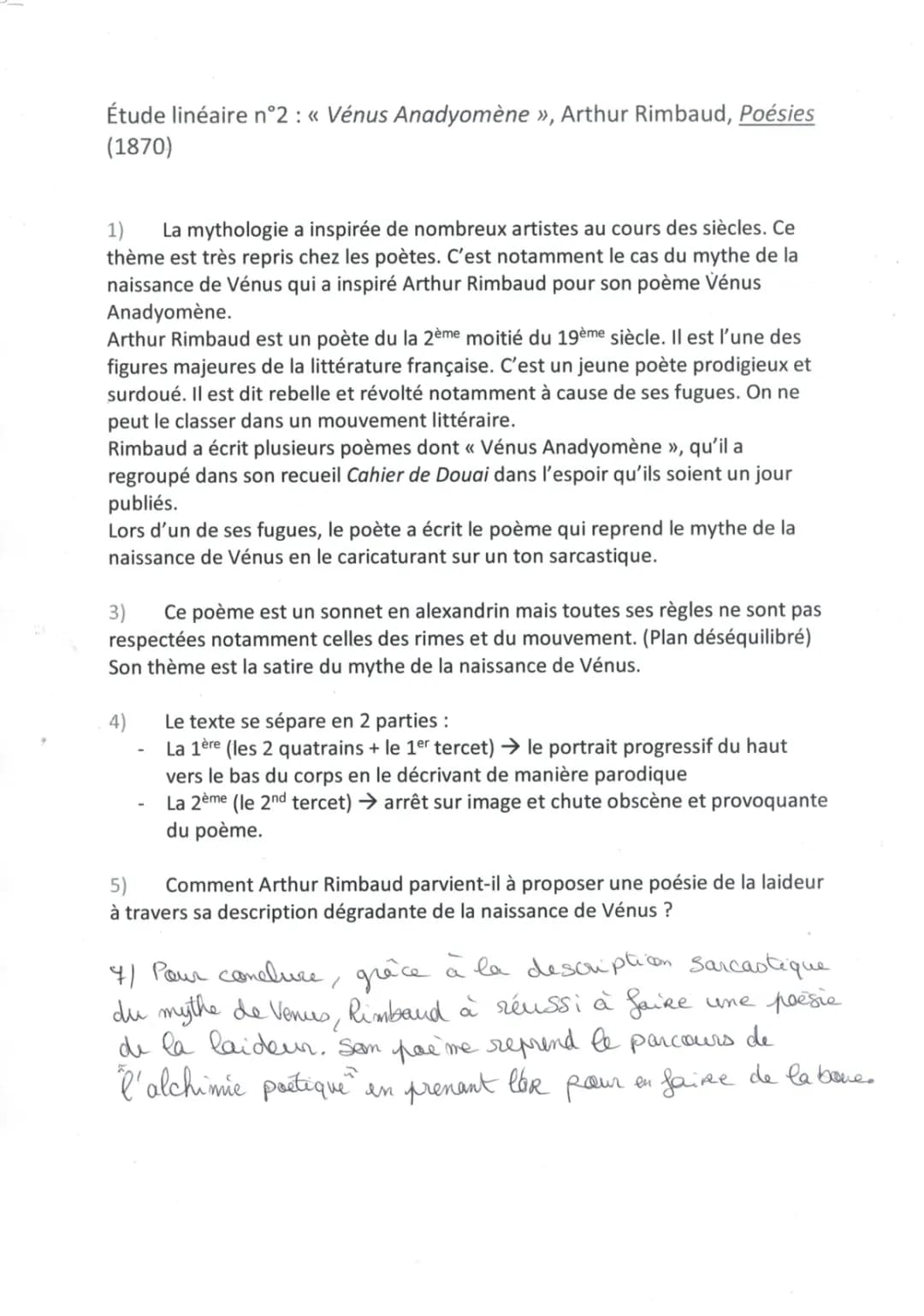 Vénus Anadyomène Rimbaud : Analyse Linéaire et Résumé