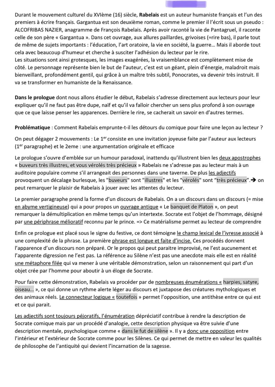SEQUENCE IV
La littérature d'idées du XVIème au XVIIIème siècle
Rabelais / Rire et savoir
Explication linéaire n°1 de l'oeuvre complète n°4
