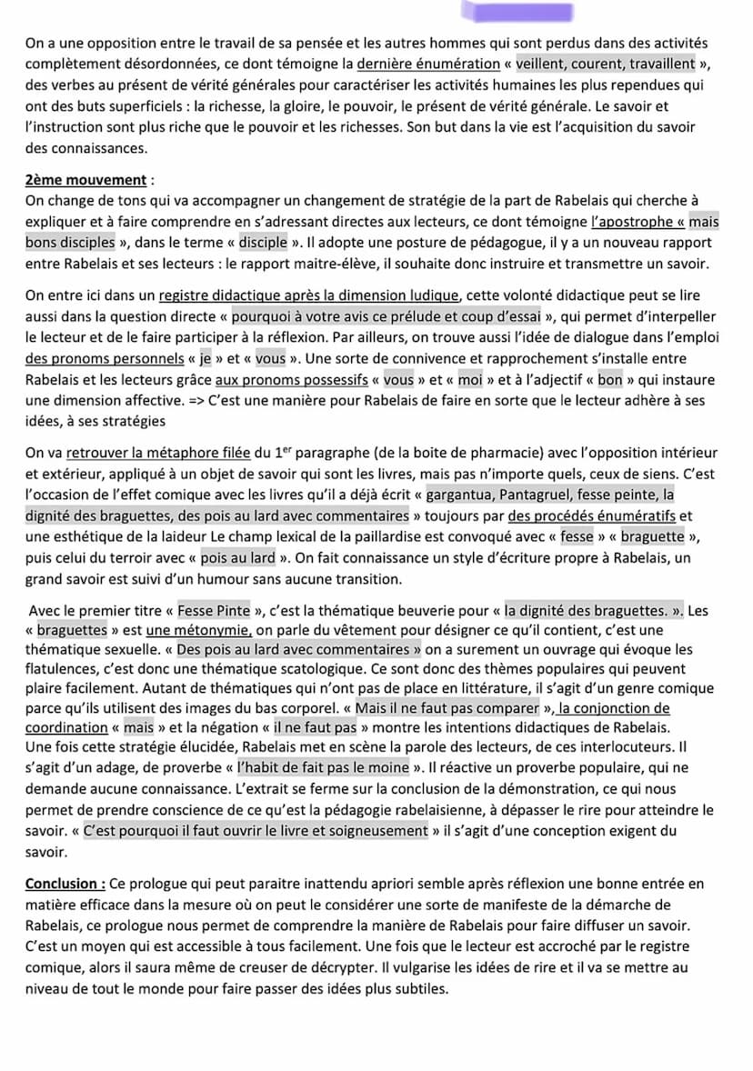 SEQUENCE IV
La littérature d'idées du XVIème au XVIIIème siècle
Rabelais / Rire et savoir
Explication linéaire n°1 de l'oeuvre complète n°4
