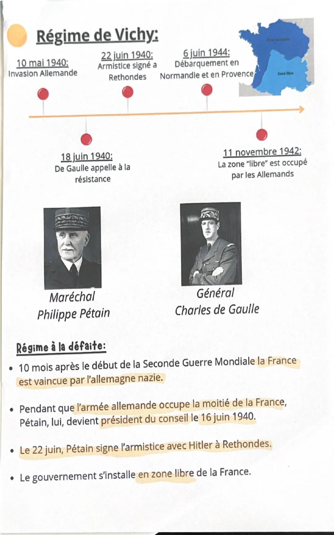 Régime de Vichy:

10 mai 1940:
Invasion Allemande

22 juin 1940:
Armistice signé a
Rethondes

6 juin 1944:
Débarquement en
Normandie et en P